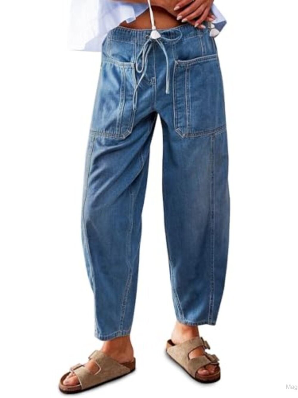 Wide Leg Cropped Denim Jeans for Women Elastic Waist Drawstring Baggy Pants
